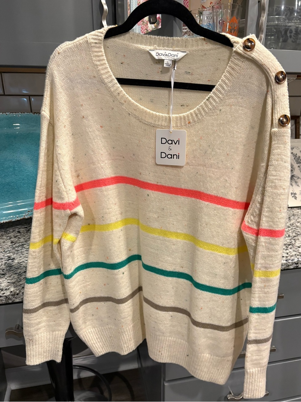 DAVI & DANI Cream Crewneck Sweater with Neon Stripe Accents